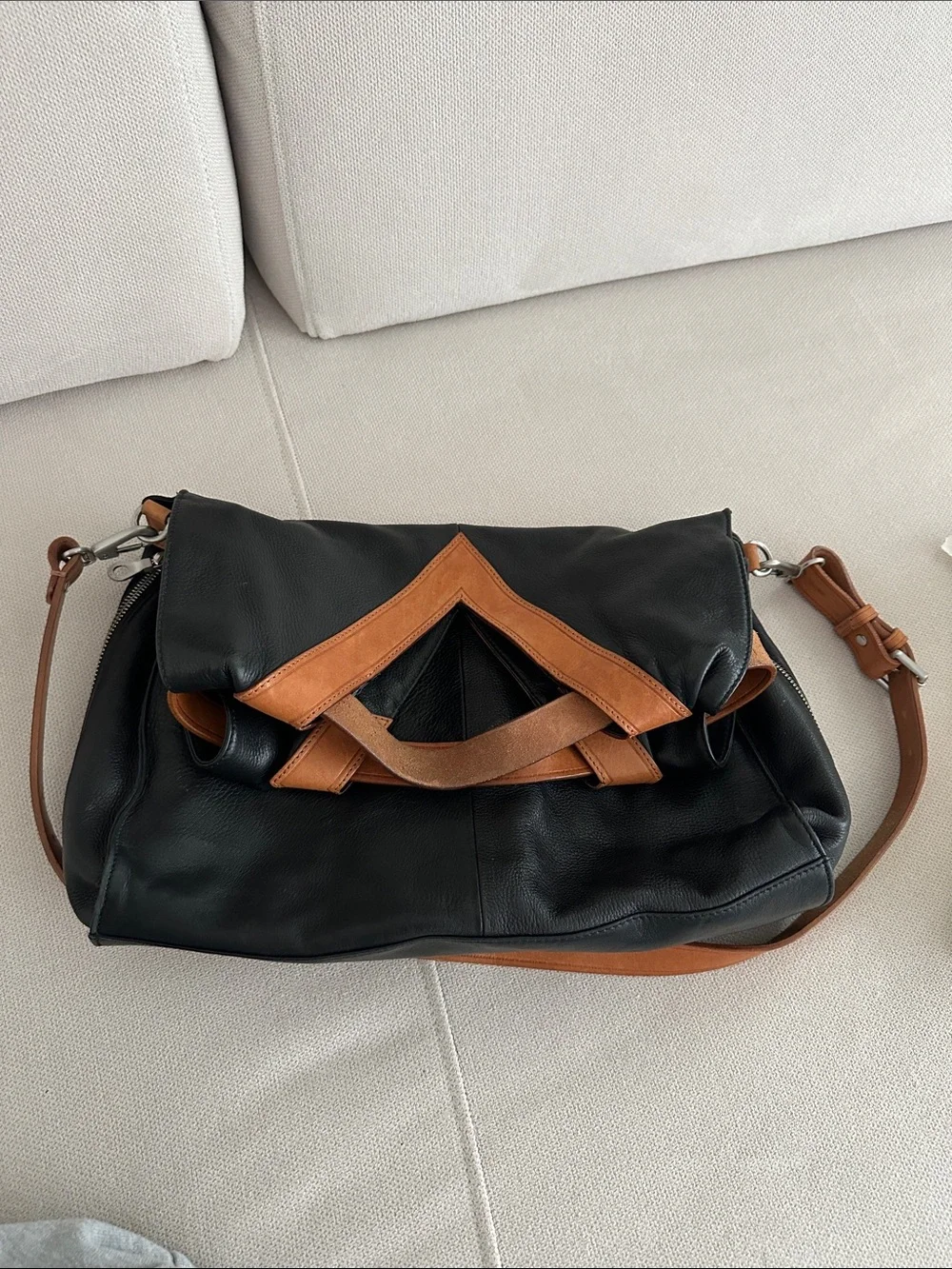 CHRISTOPHER KON BLACK AND CAMEL LEATHER CROSSBODY BAG